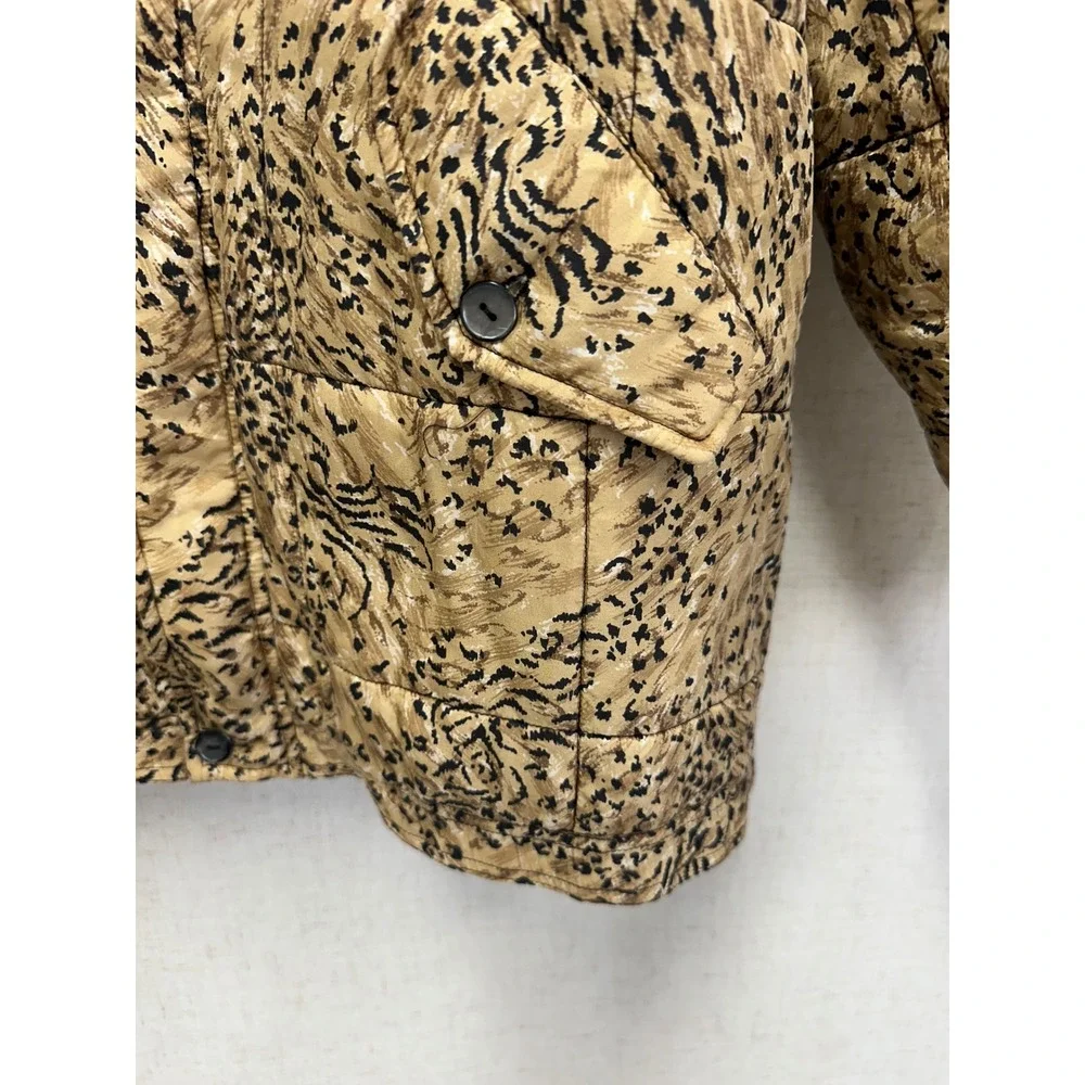 Clio Vintage 90s Quilted Jacket Medium Tan Vintage Animal Print Silk Puffer Coat - Picture 6 of 16